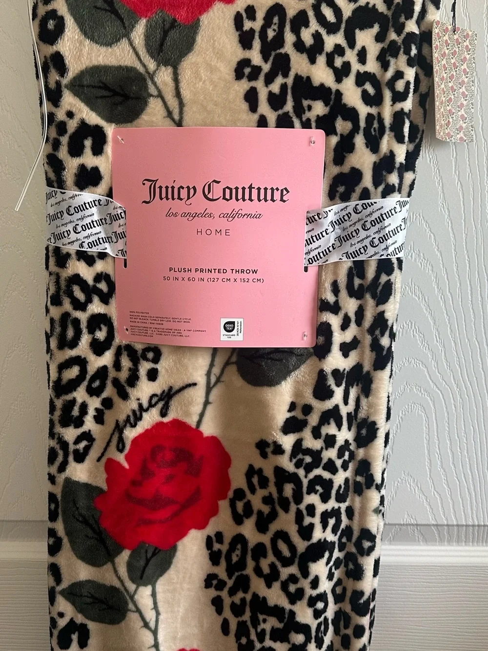Juicy Couture Plush Printed Throw Leopard & Red Rose new